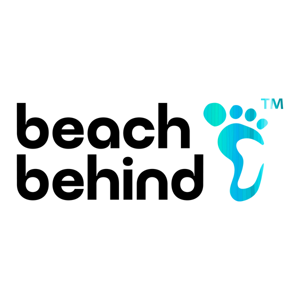Logo of 'beach behind' with a blue footprints icon on a white background